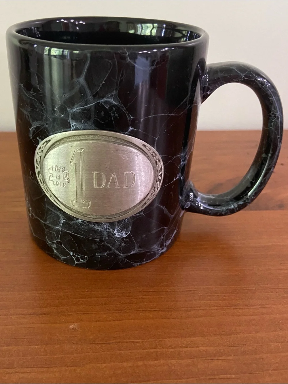 Title  #1 Dad Black Marble Ceramic Coffee Mug Pewter Look Emblem